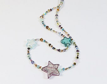 Murano Glass Stars Necklace, Asymmetric Venetian Glass Stars Necklace and Swarovski Crystal, Copper and 925 Sterling Silver Necklace