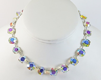 1960s Crystal AB Necklace Choker, Vintage Sparkling Open Back Riviere Crystal Aurora Borealis Rhinestone Silver Adjustable Length Necklace