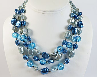 1950s Foiled Glass Necklace Choker 3 Strand Blue and Grey Silver Glass Pearls Multistrand Necklace with Gorgeous Blue Crystal Box Clasp