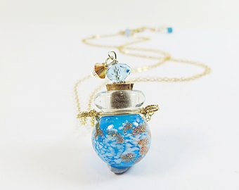 Perfume Bottle Necklace, Lampwork Blue Perfume Bottle Necklace w 14kt Goldfill & Swarovski Crystal, Wearable Perfume Bottle Pendant Necklace