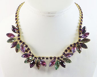 Fab 1950s Rhinestone Crystal Necklace, Vintage 'Watermelon' Rhinestone Crystal in Purple Green Amethyst, Goldtone Adjustable Choker Necklace