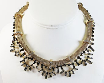 1980s Vintage Necklace Choker, Spectacular Goldtone Mesh and Black Diamond Crystal / Rhinestones Adjustable Length Necklace