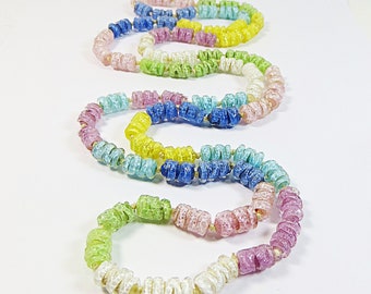 1920s 30s Long Glass Beads Necklace, Flapper Era Bohemian Czech Handmade Glass Beads Multicolour Foiled Vintage Long Necklace