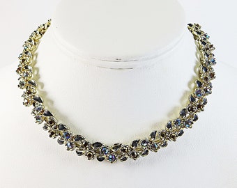 1950 60s Enamel Crystal Necklace Choker, Jewelcraft Goldtone Articulated Enamel Crystal Rhinestone Adjustable Length Sparkly Necklace Choker