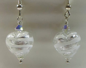 Murano Venetian Heart Earrings, Murano Stripe Silverfoil Earrings, Murano Heart Earrings w Swarovski & 925 Silver, Handmade Heart Earrings