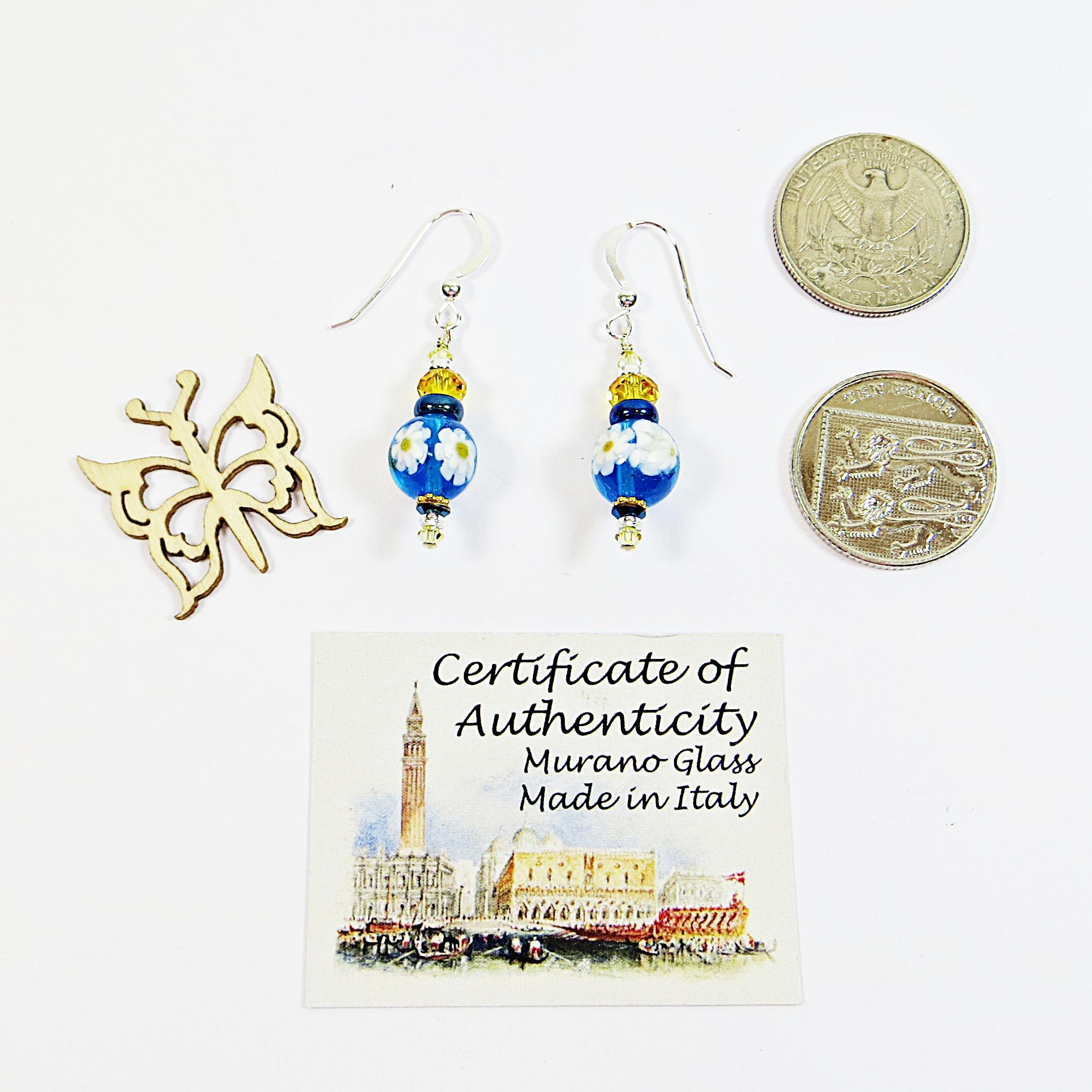 ムラーノ イヤリング、ブルー ミルフィオーレ フラワー ベネチアン