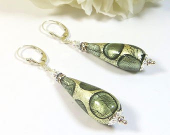 Murano Drops Earrings, Spotted Grey Black Diamond Venetian Glass w Goldfoil, Swarovski & Silver, Clips Available