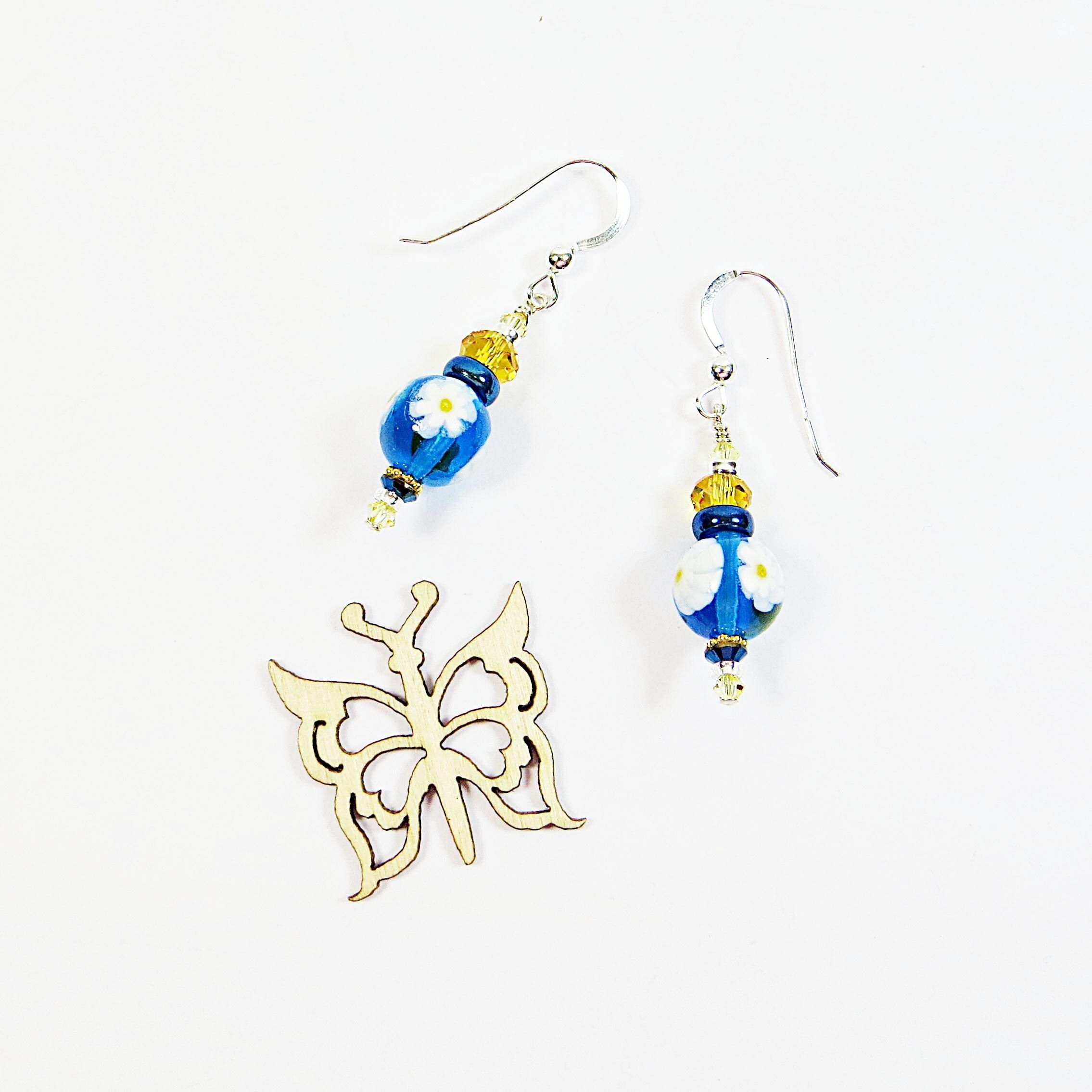 ムラーノ イヤリング、ブルー ミルフィオーレ フラワー ベネチアン