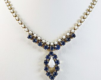 1950s Rhinestone Necklace, Cute Blue and White Vintage Crystal Rhinestone Necklace, Blue White Vintage Rhinestone Crystal Necklace