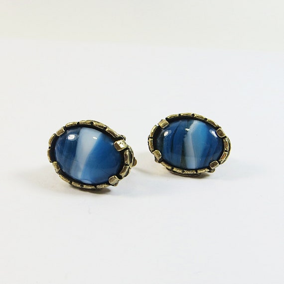1960s Clip Earrings, Vintage Blue Striped Glass E… - image 3