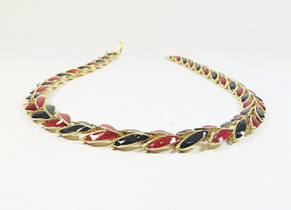 1980s Enamel Necklace Choker, Red Black Enamel Ar… - image 6