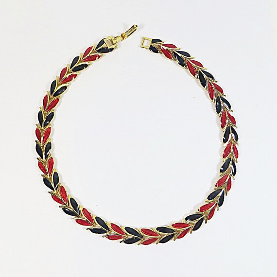 1980s Enamel Necklace Choker, Red Black Enamel Ar… - image 4