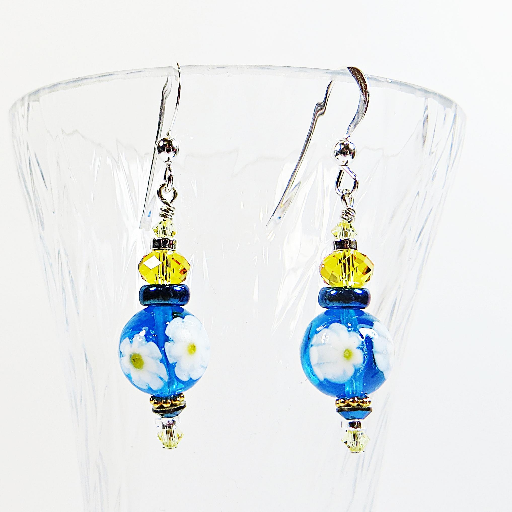 ムラーノ イヤリング、ブルー ミルフィオーレ フラワー ベネチアン