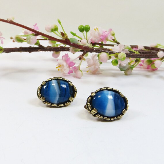 1960s Clip Earrings, Vintage Blue Striped Glass E… - image 6