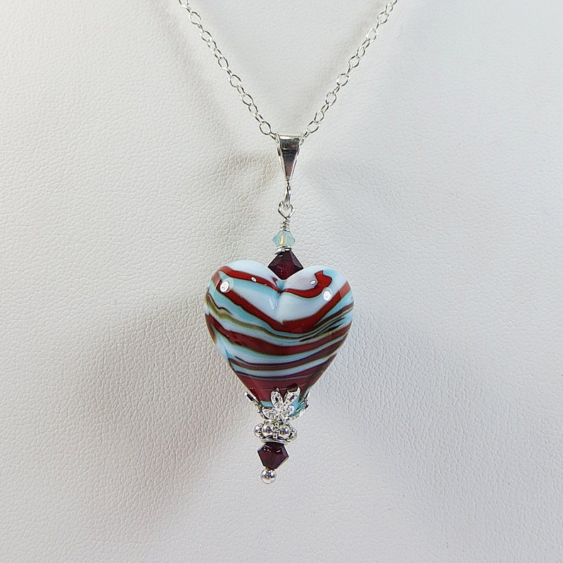 Murano Herz Halskette Türkis Blaue Streifen, Venezianische Herz Anhänger Halskette, Türkis Rote Murano Herz Halskette w 925 Silber & Swarovski Bild 4