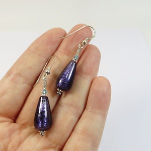 Murano Glass Drops Earrings, Purple Velvet Venetian Glass Drops Earrings with White Gold Inside, Swarovski Crystal and Sterling Silver image 10