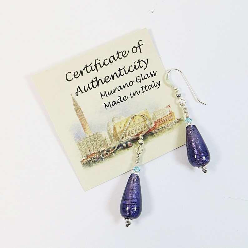 Murano Glass Drops Earrings, Purple Velvet Venetian Glass Drops Earrings with White Gold Inside, Swarovski Crystal and Sterling Silver image 5