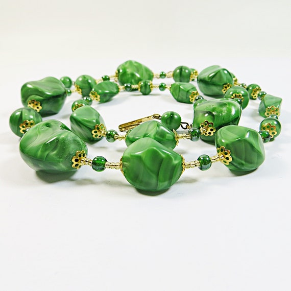 1930s Bohemian Glass Grass Green Satin Beads Rest… - image 4