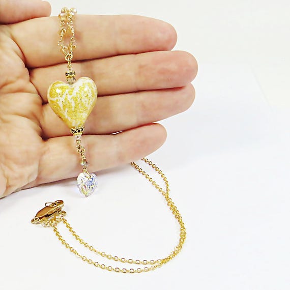 GlassOfVenice Authentic Murano Glass Heart Pendant - Handmade In Italy With Gold Swirls & Crystal - View #3