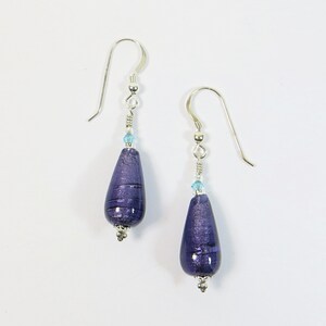 Murano Glass Drops Earrings, Purple Velvet Venetian Glass Drops Earrings with White Gold Inside, Swarovski Crystal and Sterling Silver image 4