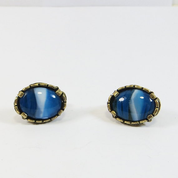 1960s Clip Earrings, Vintage Blue Striped Glass E… - image 5