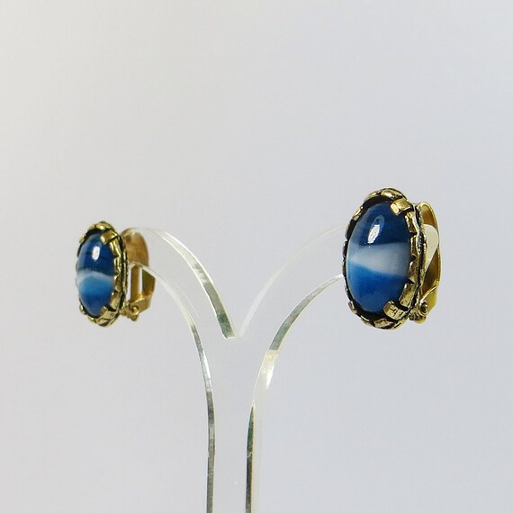 1960s Clip Earrings, Vintage Blue Striped Glass E… - image 4
