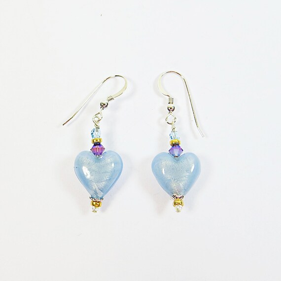 Pearlised Blue Heart Earrings, Soft Blue Venetian Glass Hearts W