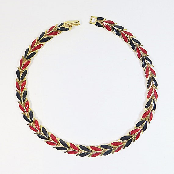 1980s Enamel Necklace Choker, Red Black Enamel Ar… - image 1