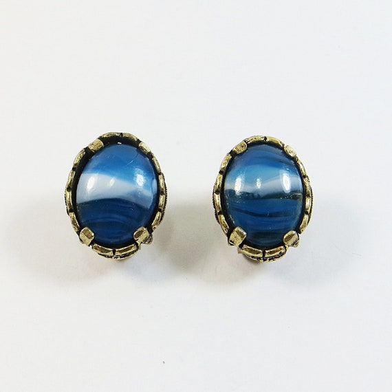 1960s Clip Earrings, Vintage Blue Striped Glass E… - image 1