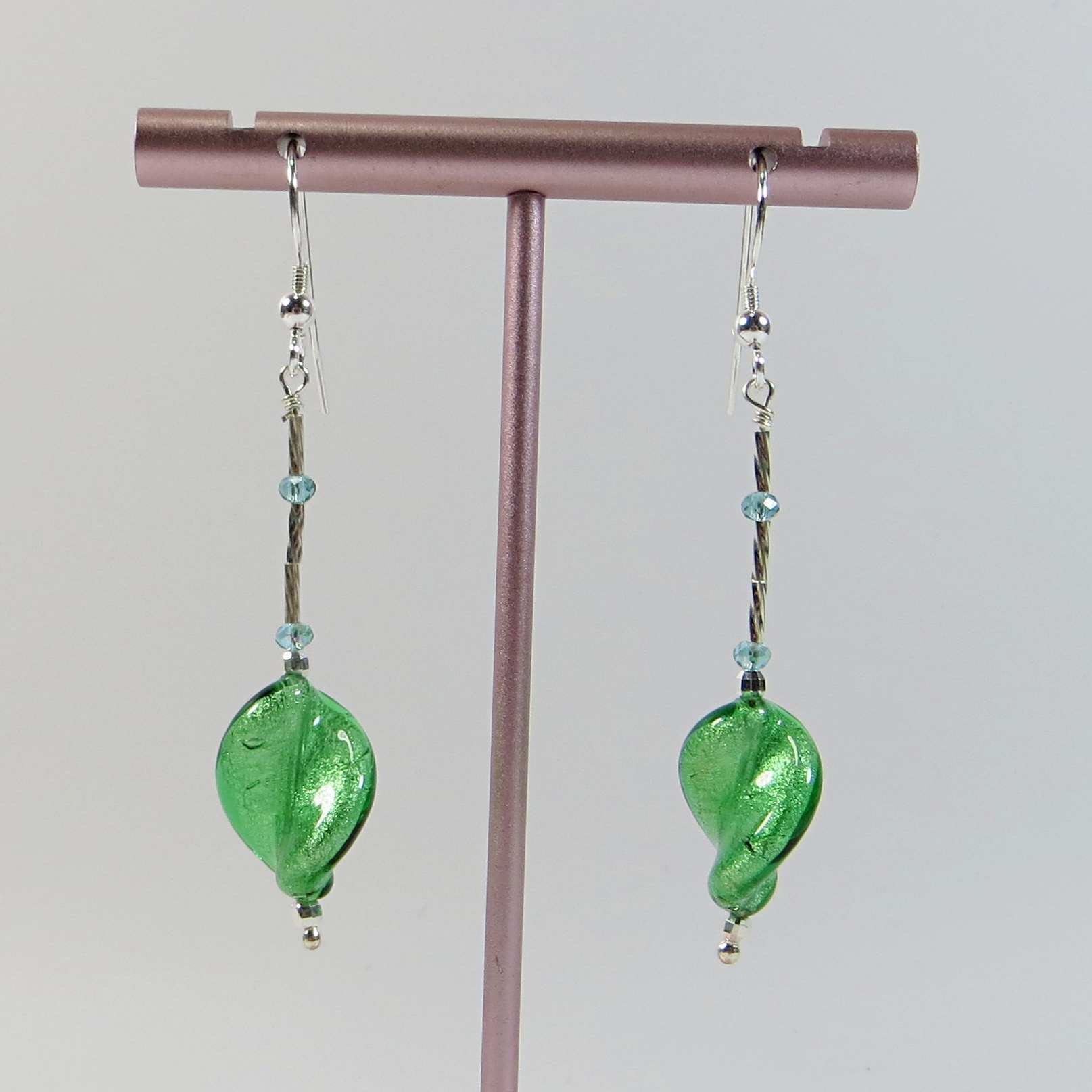 Boucles D'oreilles Longues Pendantes - Perles Verre Murano Vert Torsion Sur Feuille D'argent - Style Vintage