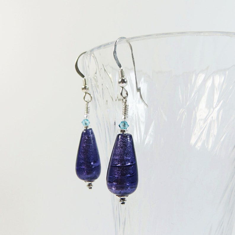 Murano Glass Drops Earrings, Purple Velvet Venetian Glass Drops Earrings with White Gold Inside, Swarovski Crystal and Sterling Silver image 7