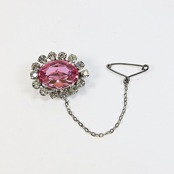 1950s Small Pink Crystal Brooch Pin with Safety C… - image 1