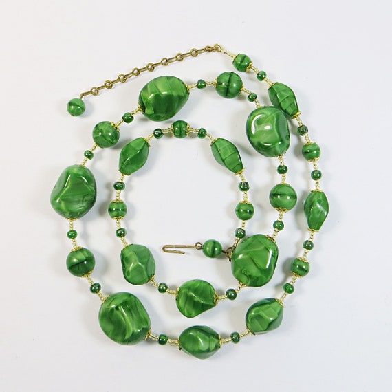 1930s Bohemian Glass Grass Green Satin Beads Rest… - image 1