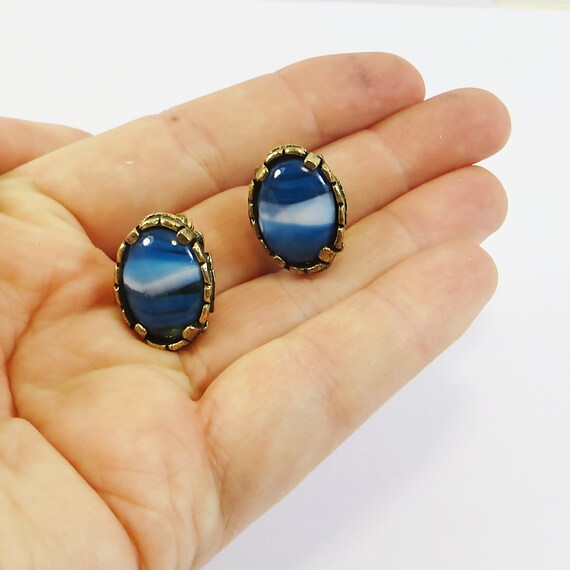1960s Clip Earrings, Vintage Blue Striped Glass E… - image 10