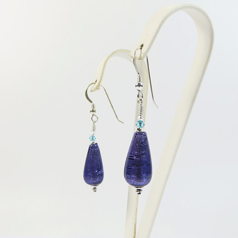 Murano Glass Drops Earrings, Purple Velvet Venetian Glass Drops Earrings with White Gold Inside, Swarovski Crystal and Sterling Silver image 3