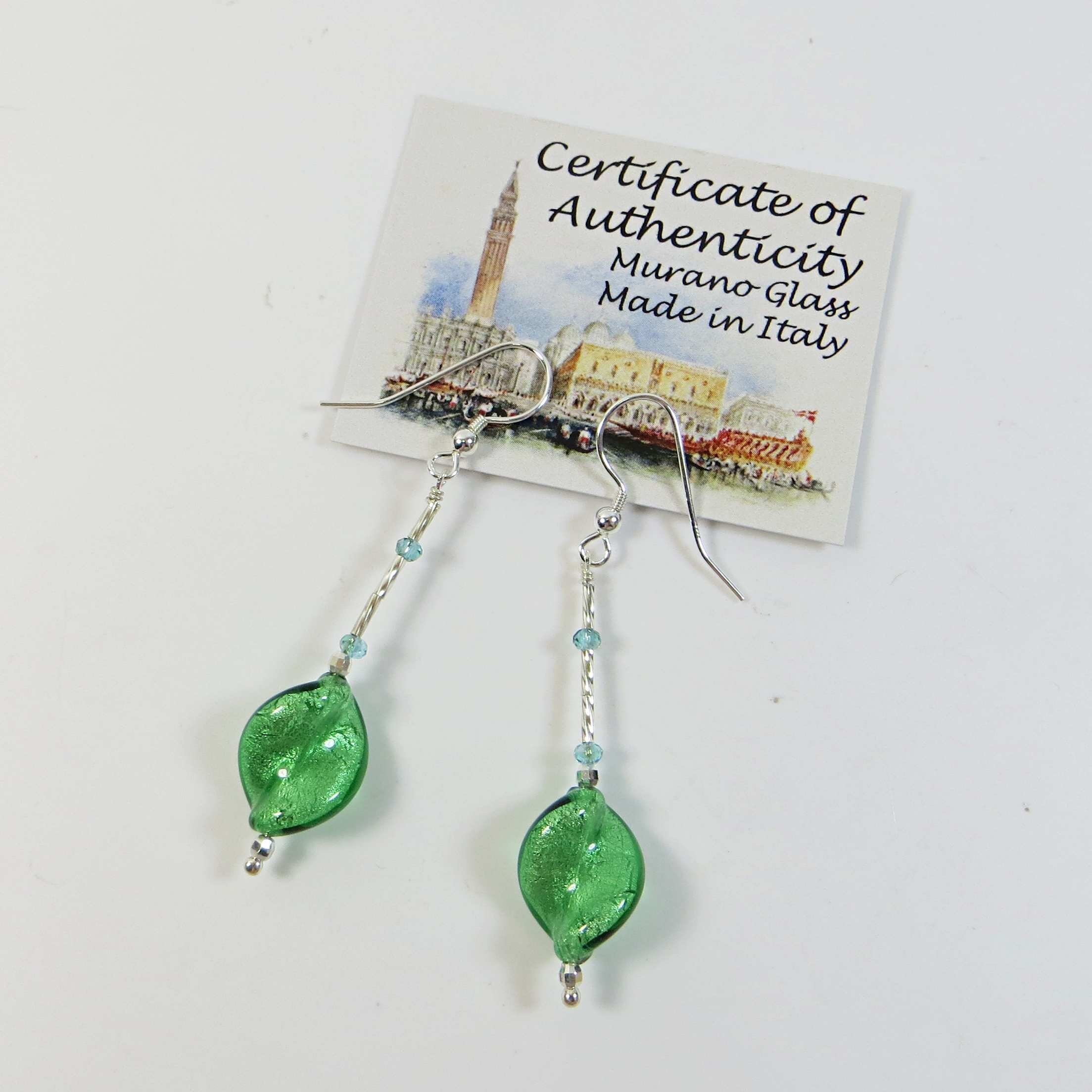 Boucles D'oreilles Longues Perles Murano Vert Sur Argent - Neuves Sans Emballage