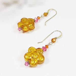 Murano Topaz Flower Earrings, Venetian Glass Topaz with 24kt Goldfoil Inside Swarovski & Sterling Silver Earrings. Clip Fittings Available
