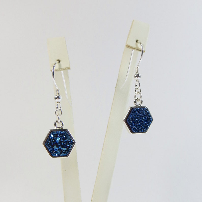 Druzy Earrings, Little Dark Blue Druzy Silverplated Earrings with 925 Sterling Silver Fittings zdjęcie 4