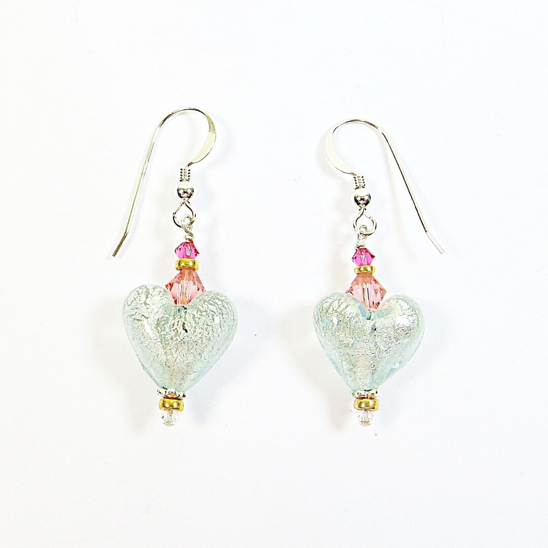 Orecchini da Donna con perle in Vetro di Murano Originale, Collezione Diana, azzurro con foglia in Argento - Venezia classica