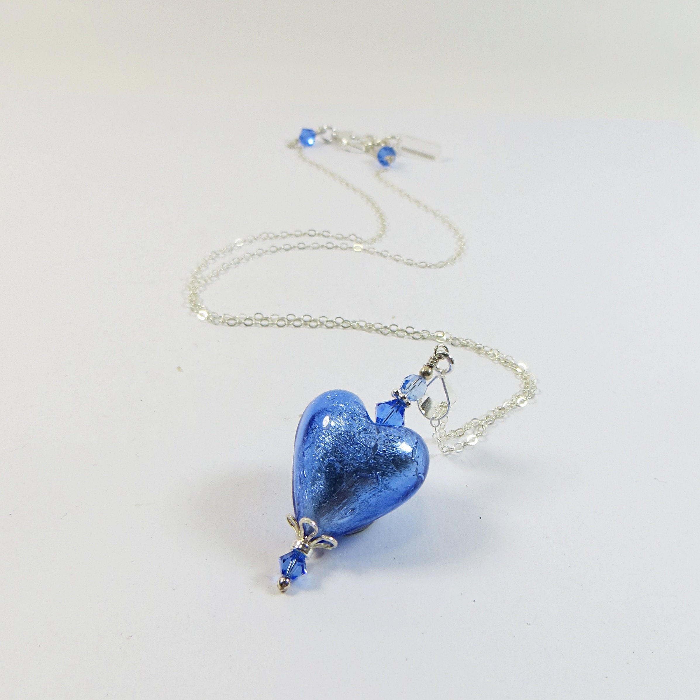 Murano Glass Venetian Love Heart Necklace - Silver and Blue