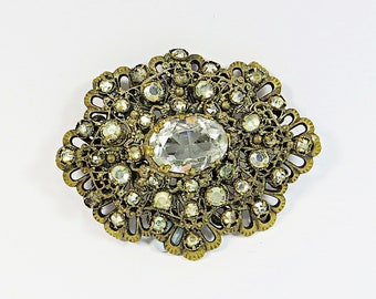 Lovely 1910's Brooch Pin, Approx. Edwardian Bohemian Patinated Brass Filigree Brooch with Clear Foiled Crystal / Rhinestones