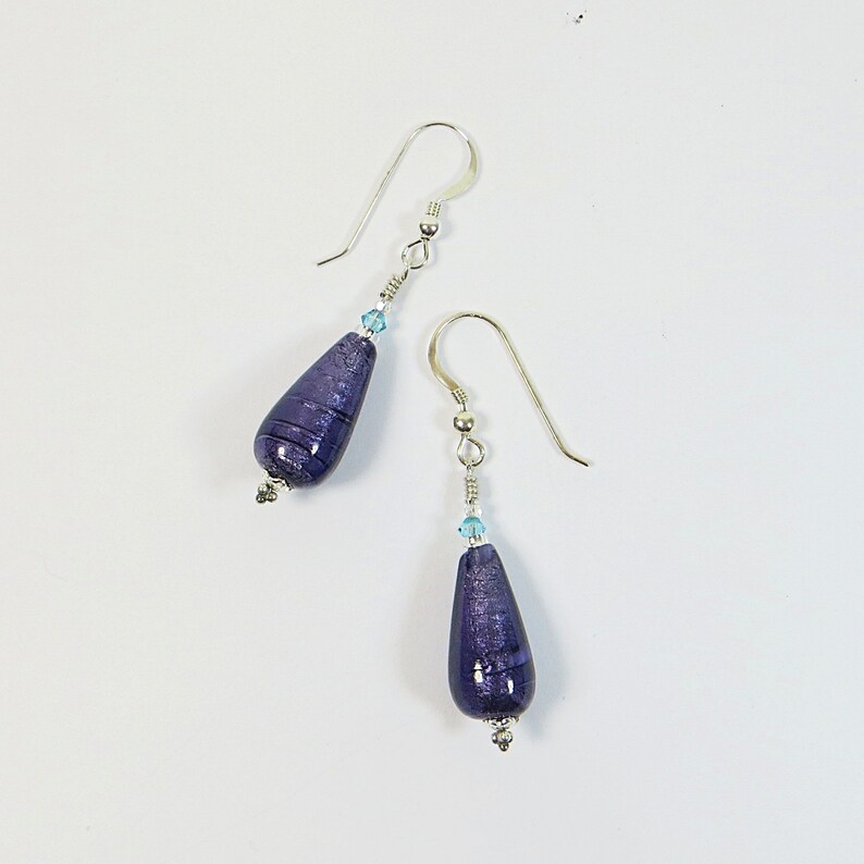 Murano Glass Drops Earrings, Purple Velvet Venetian Glass Drops Earrings with White Gold Inside, Swarovski Crystal and Sterling Silver image 2