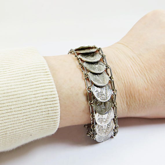 1960s Venice Bracelet, Fab Vintage Silvertone Venetian Theme Coins