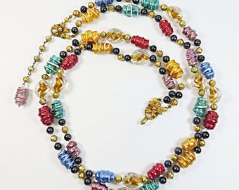 1950s Czech Glass Necklace, 2-Strand Handmade Multicoloured Bohemian Glass Beads Christmas Tree Lights Necklace w Multicolour Glass Beads