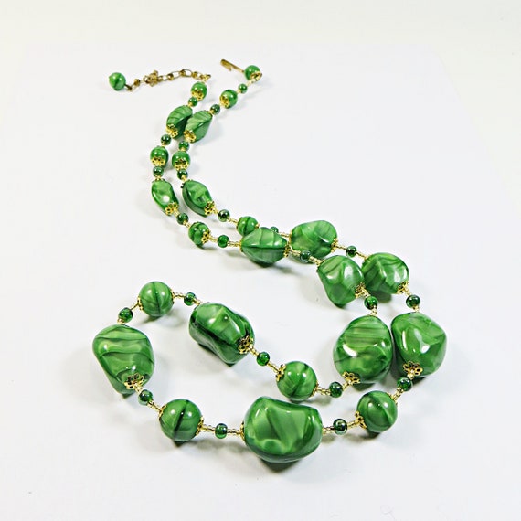 1930s Bohemian Glass Grass Green Satin Beads Rest… - image 7