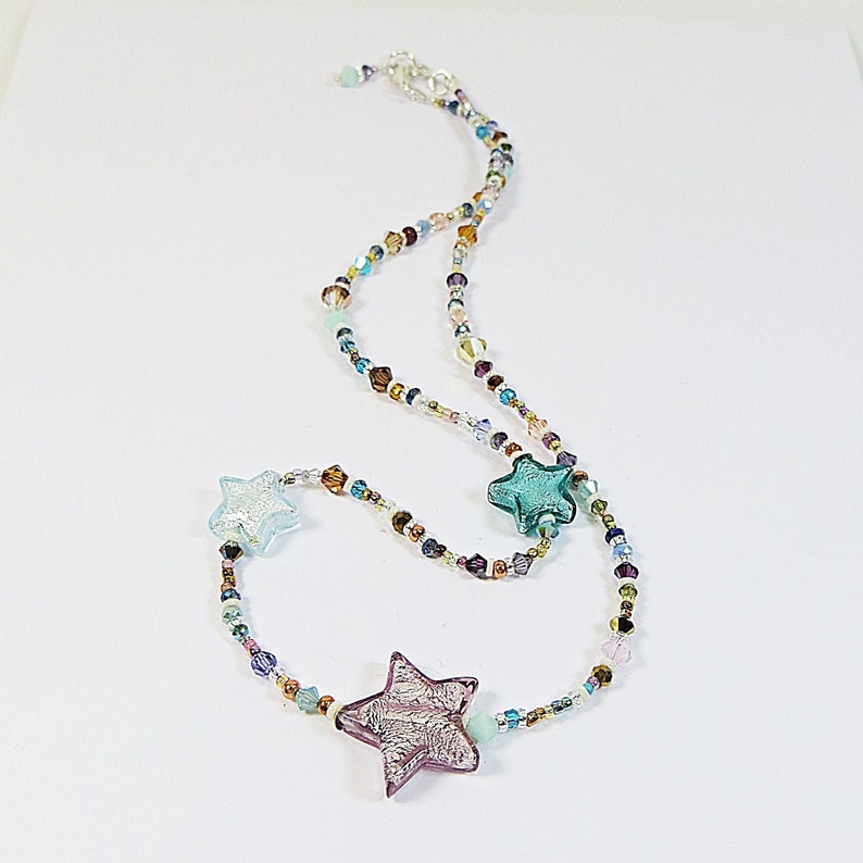 Murano Glass Stars Necklace, Asymmetric Venetian Glass Stars Necklace and Swarovski Crystal, Copper and 925 Sterling Silver Necklace imagem 1