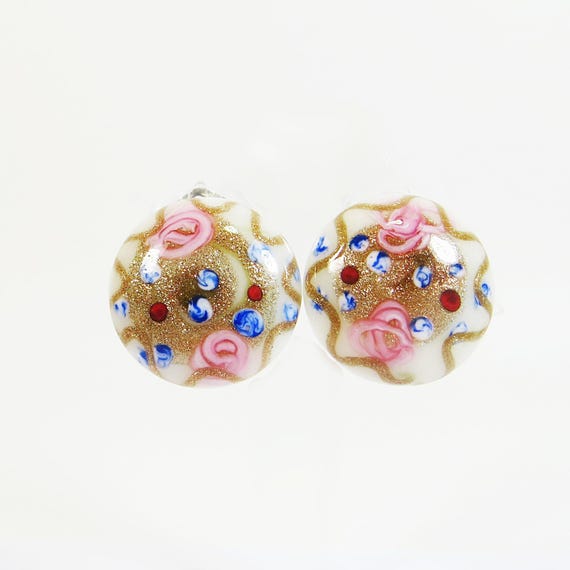 Vintage Venetian Clip Earrings, Soft White Pink Blue Wedding