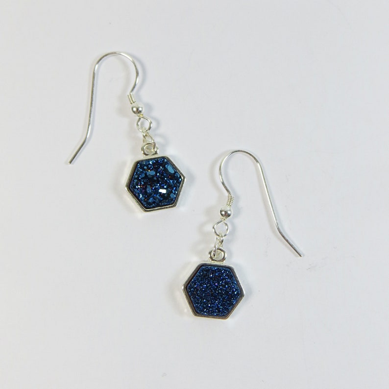 Druzy Earrings, Little Dark Blue Druzy Silverplated Earrings with 925 Sterling Silver Fittings image 3