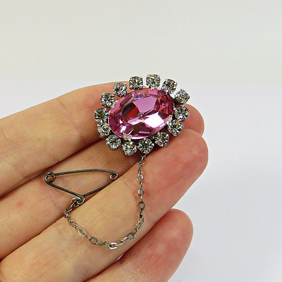 1950s Small Pink Crystal Brooch Pin with Safety C… - image 10