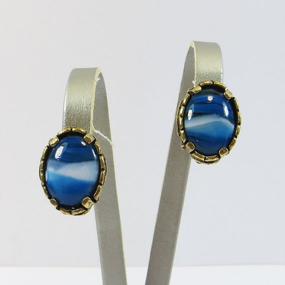 1960s Clip Earrings, Vintage Blue Striped Glass E… - image 8
